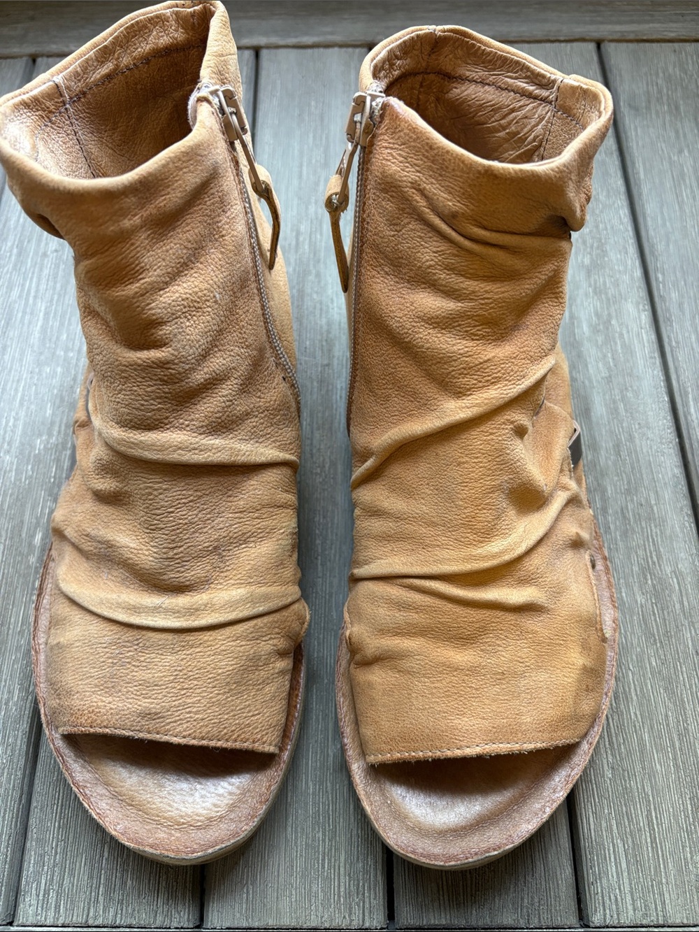 Miz Mooz Tan Leather Open-Toe Slouch Mules with Side Zip